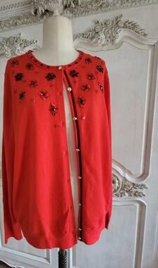 Draper James Embelished 100% Wool Cardigan Red Gold Buttons Sz L